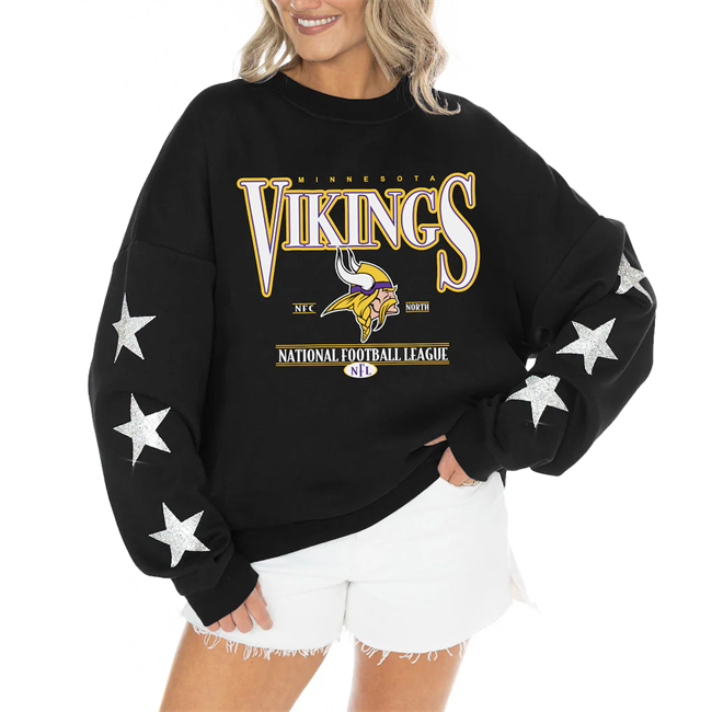 Women's Minnesota Vikings Gameday Couture Black Rhinestone Star Sleeve Settle the Score Oversized Tri-Blend Pullover(Run Small)